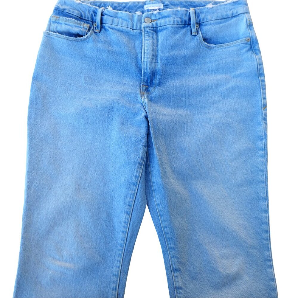 Good American Jeans Light Blue Wash Factory Frayed High Waist Taper Leg 30 10